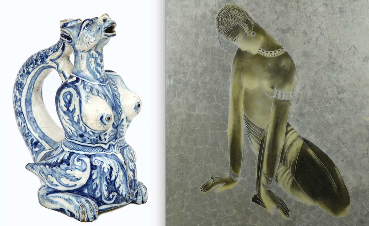 Portuguese aquamanile earthenware and the figure of the bather circa