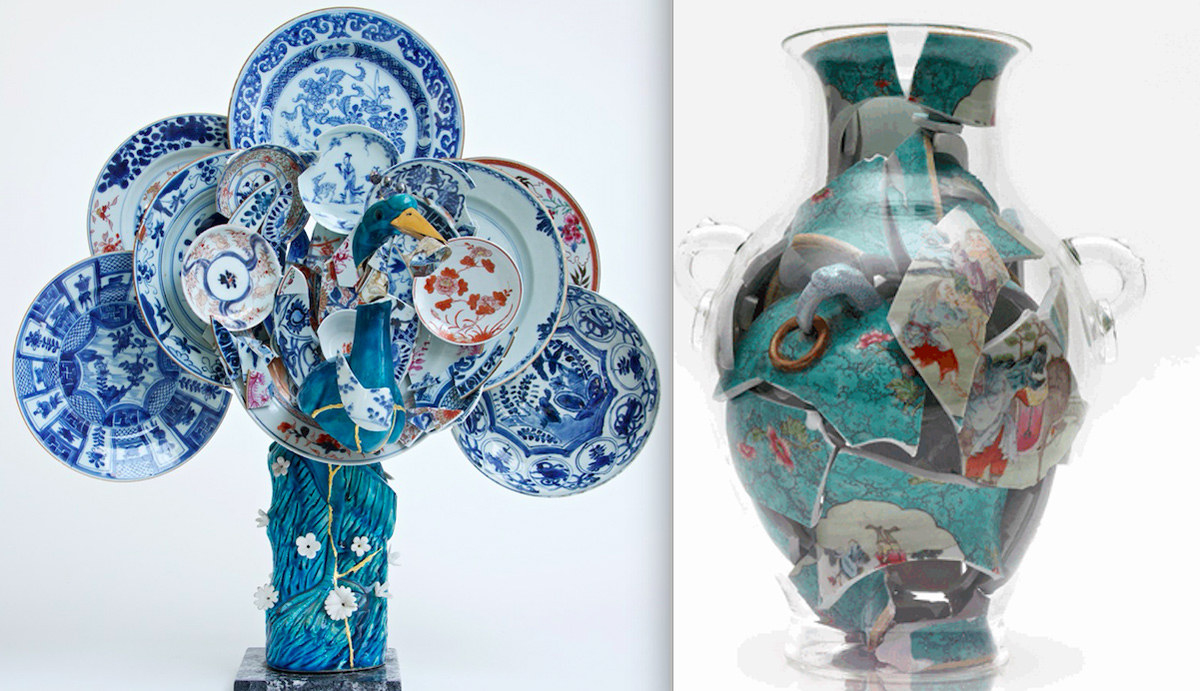 Bouke de Vries porcelains peacock and vase