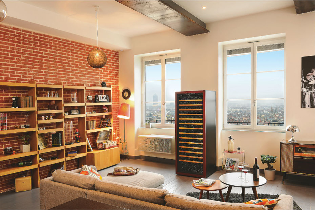 Wine cooler brick wall living room