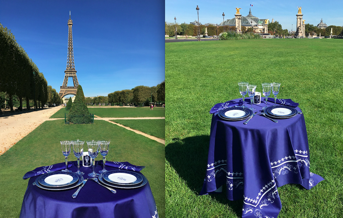 Coffret Mongolfier table dressée devant les monuments de Paris