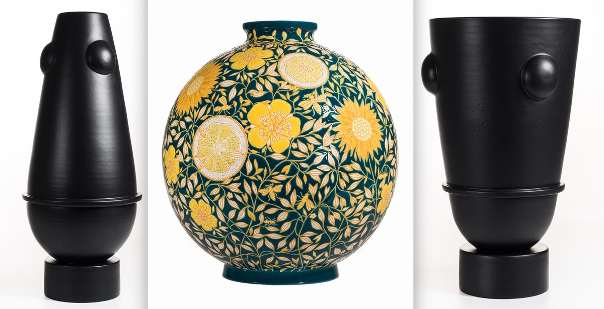Emaux de Longwy, lampe, boule et vase
