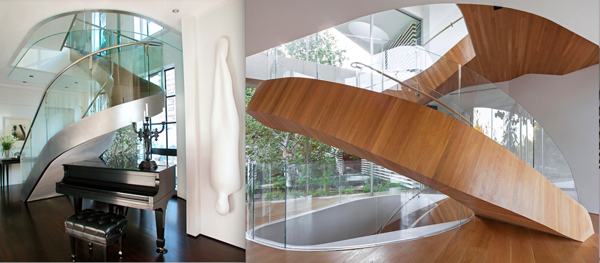 Glass, stainlesss steel and light wood staircases 