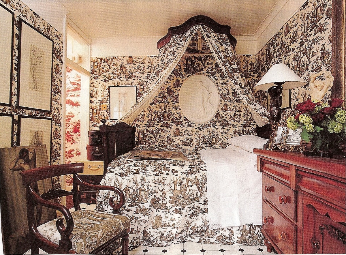 Toile de Jouy upholstered bedroom