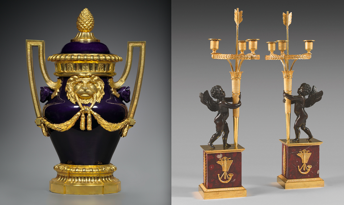 Porcelain and bronze vase, and First Empire candelabra