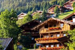 Chalets en bois dans un paysage alpin en été