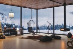 Gros plan sur le salon d'un magnifique chalet décoré avec goût en pleine montagne