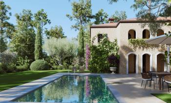 Maison de luxe avec piscine et jardin paysager. © GETTY IMAGES