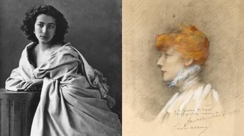Sarah Bernhardt photo noir et blanc et croquis de profil 