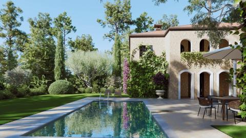 Maison de luxe avec piscine et jardin paysager. © GETTY IMAGES