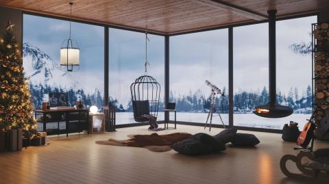 Gros plan sur le salon d'un magnifique chalet décoré avec goût en pleine montagne