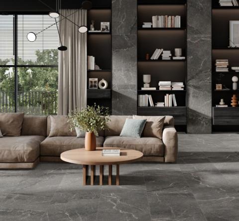 Le carrelage effet pierre naturelle, un revêtement de sol qui fait rimer esthétique raffinée et practicité au quotidien. Crédit visuel : Réflex boutique 