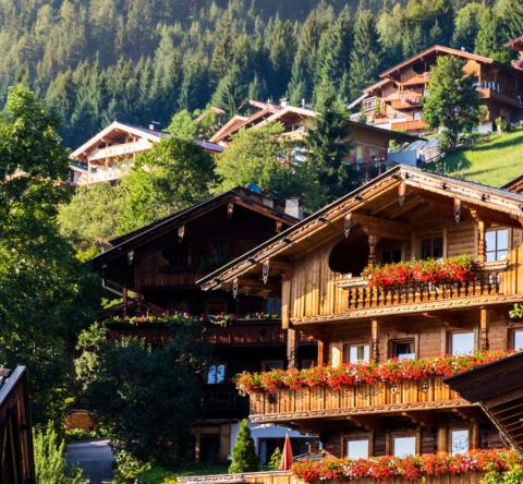 Chalets en bois dans un paysage alpin en été